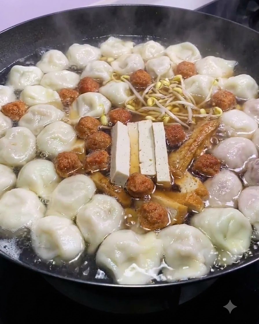 餃子、豆腐、肉団子でいっぱいになった鍋の中央に、新鮮な黄大豆もやしが置かれているところ。