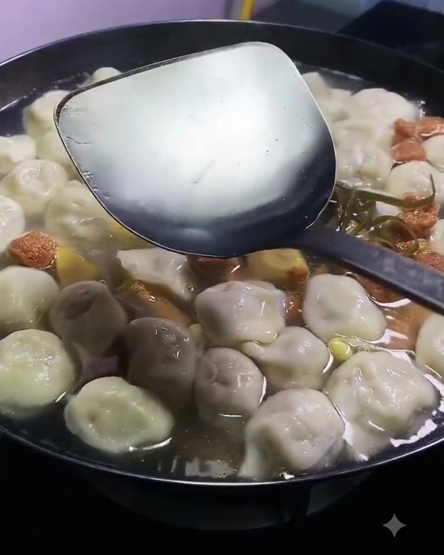 おたまを使って、餃子や肉、豆腐の入った煮込み中の鍋にライトソイソースを注いでいるところ。