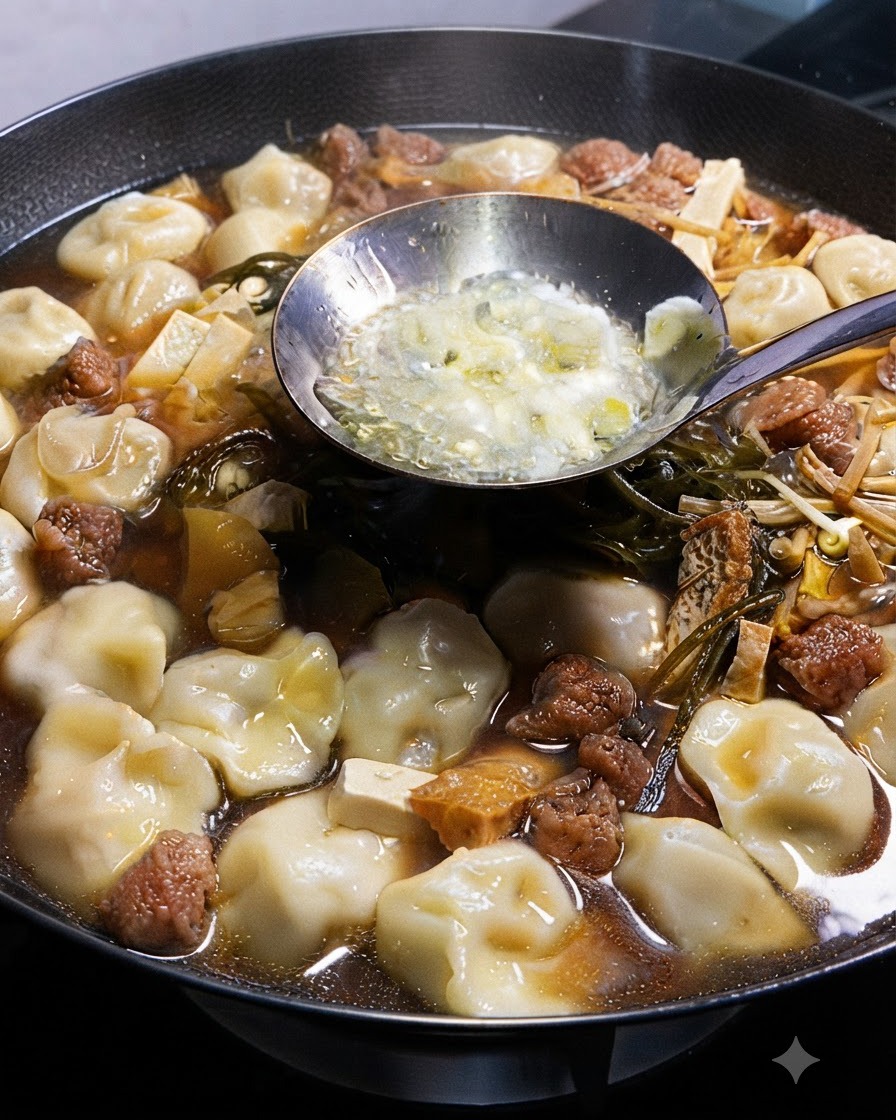 刻みネギとニンニクを入れた熱々の油が入ったおたまを、煮込み中のスープに注ぎ入れているところ。
