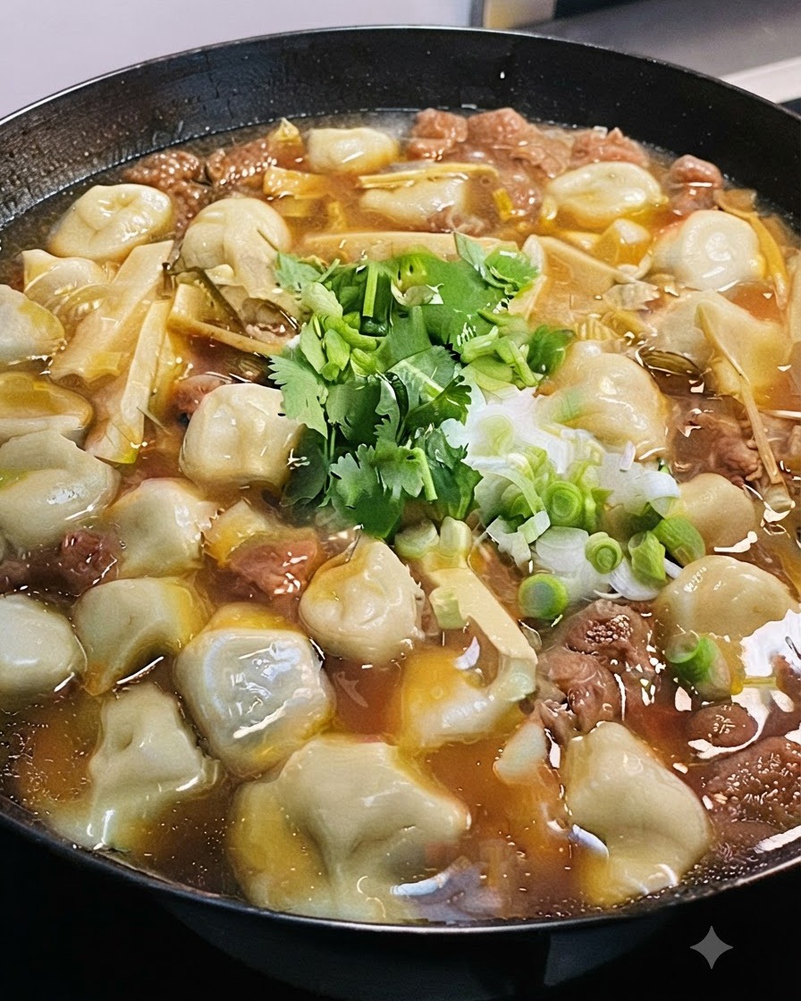 調理された餃子スープの上に、刻みたてのパクチーと青ネギが散らされているところ。