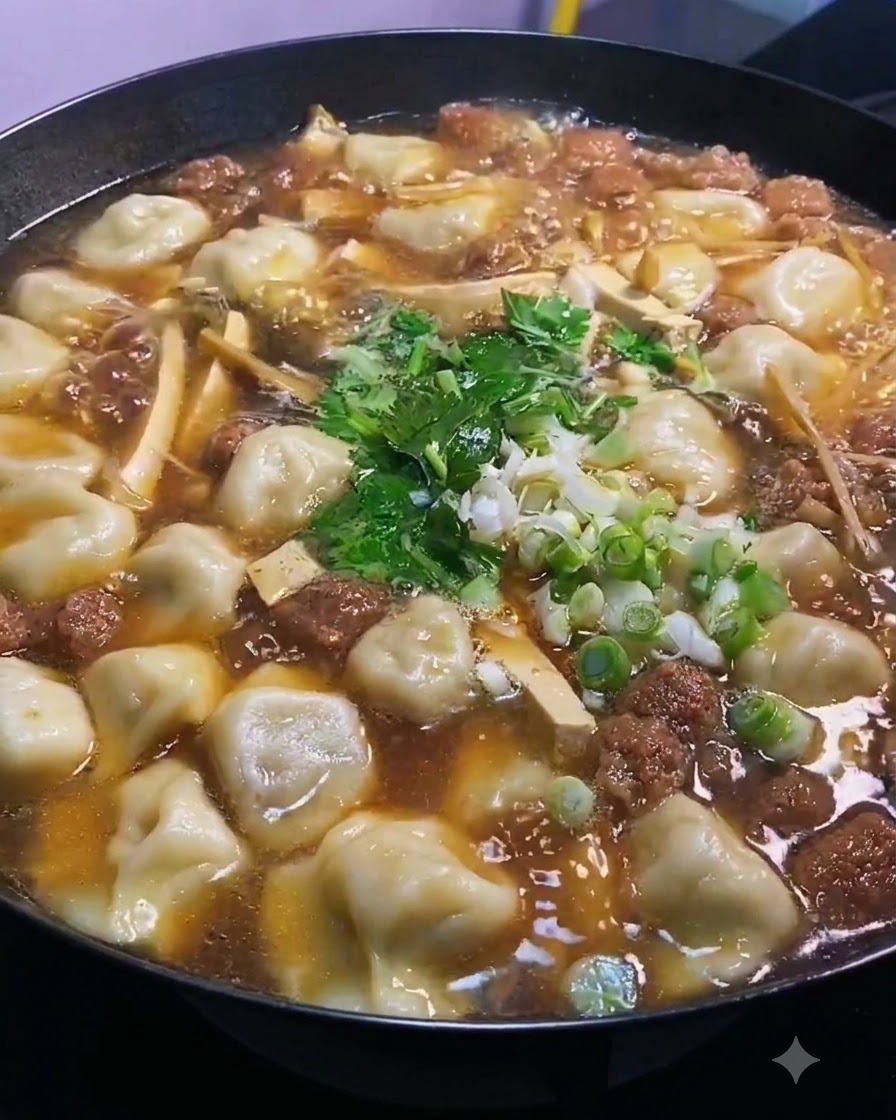 熱いスープの表面に、数滴のごま油が垂らされているところ。