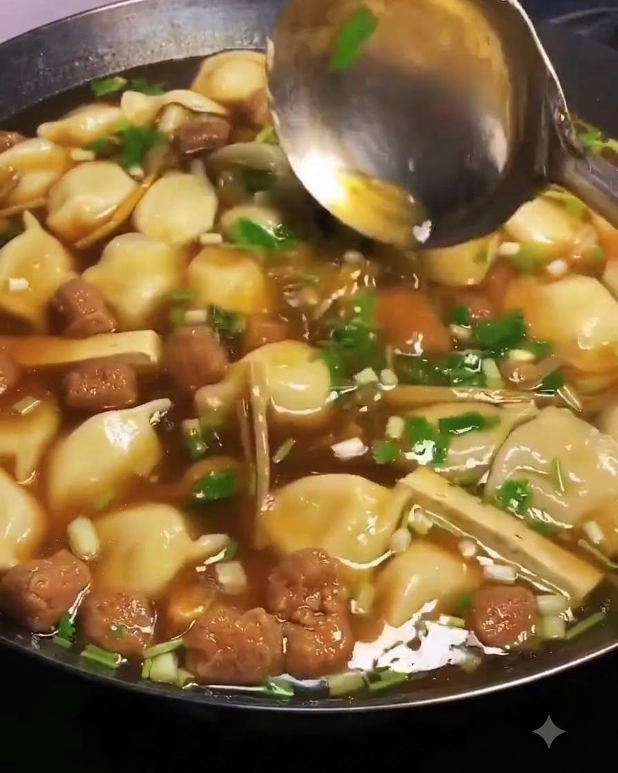 大きなおたまを使って、中華鍋の中の完成した餃子スープの具材を優しくかき混ぜているところ。