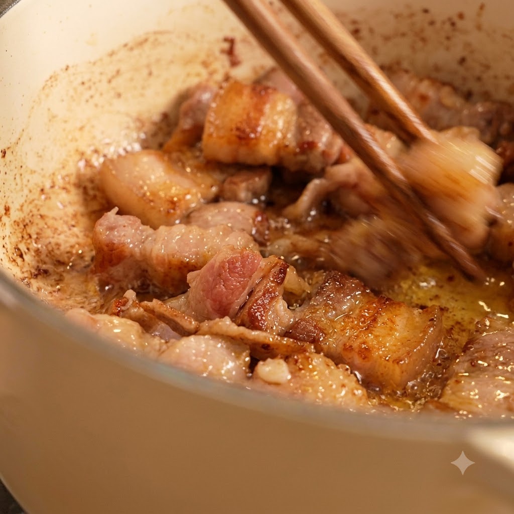 白い鍋の中で油で炒められた、きつね色の肉の断片を箸で混ぜ合わせている様子。