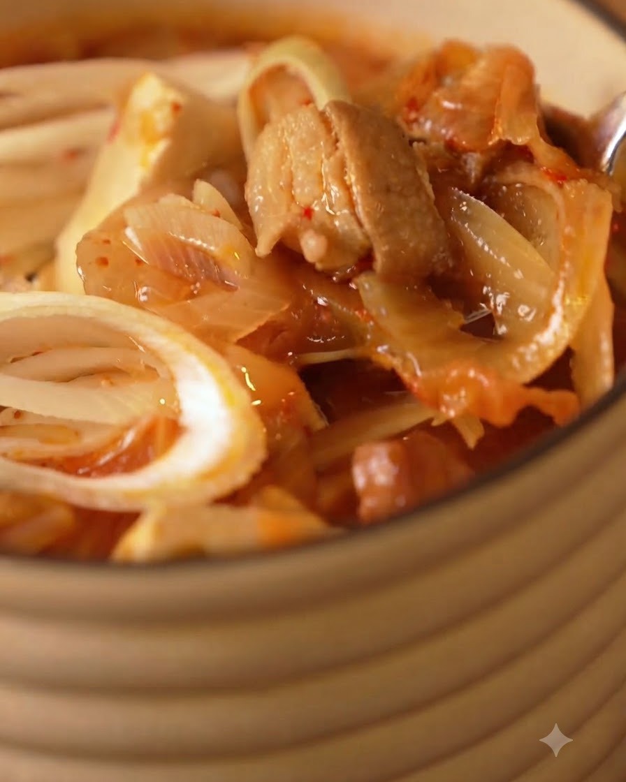 サービングボウルに入った、玉ねぎ、豆腐、豚肉が入った熱々のキムチスープのクローズアップ。