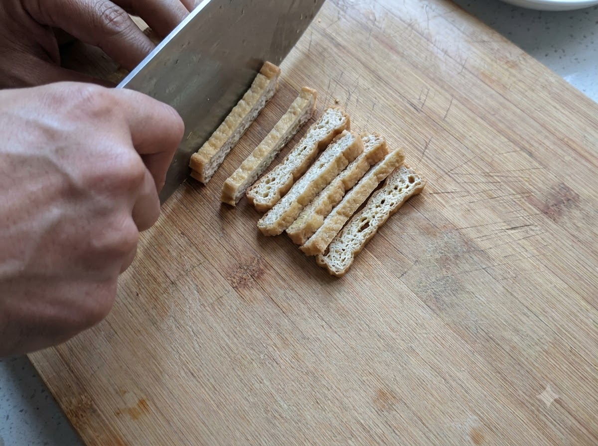 木製のまな板の上で、包丁を使って揚げた豆腐を細切りにしている手の様子。