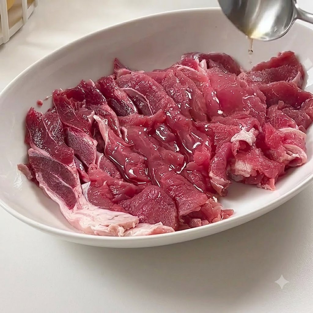 白いお皿に盛られた生のスライス牛肉に、スプーンから調味液がかけられている様子。