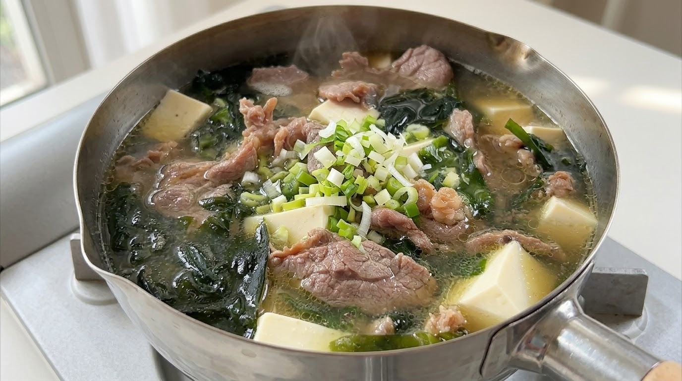 新鮮な青ネギを散らした、低カロリーの牛肉、豆腐、海草のスープが温かく煮立っている様子