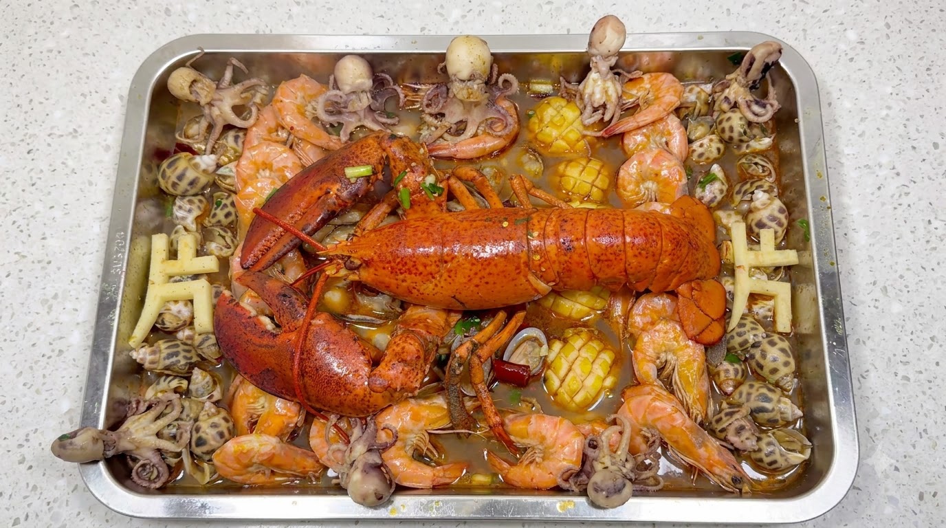 スパイシーな赤いスープの中で、大きなロブスターをエビやタコ、アワビ、じゃがいもが囲む、食欲をそそる豪華な海鮮盛り合わせ。