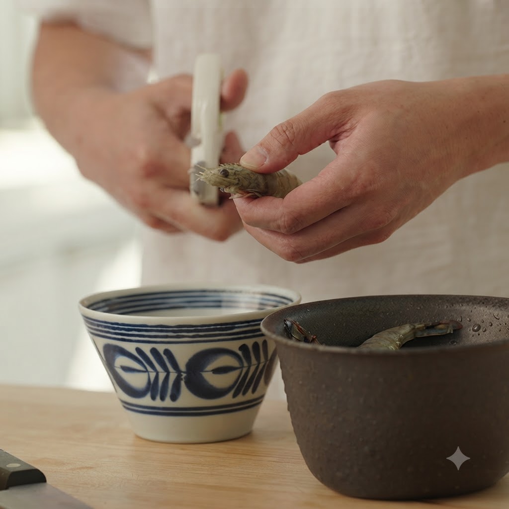 手で持った生エビの背中にキッチンバサミで切り込みを入れているところ。