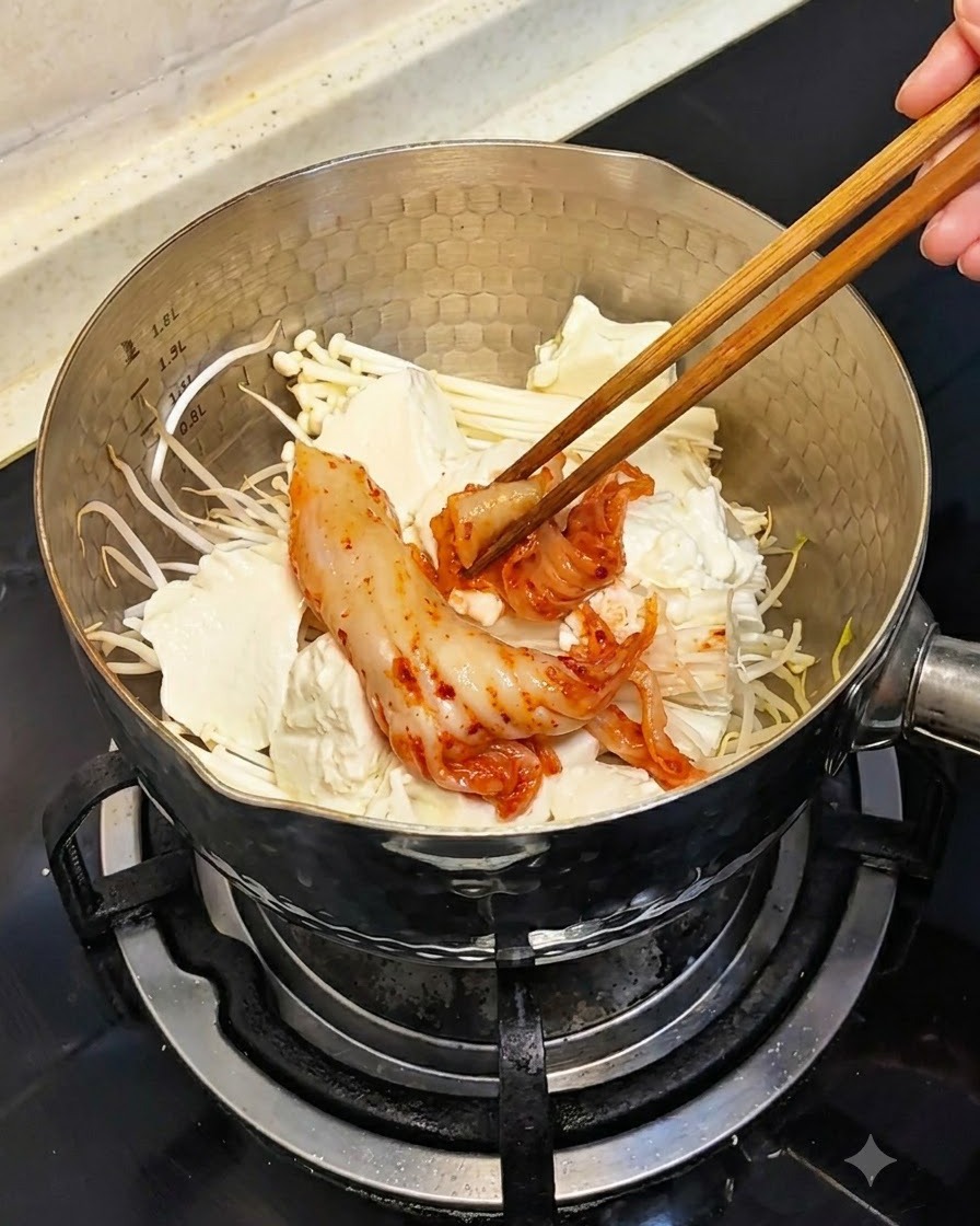 鍋の豆腐やきのこの上に、箸で赤い熟成キムチをのせる様子。