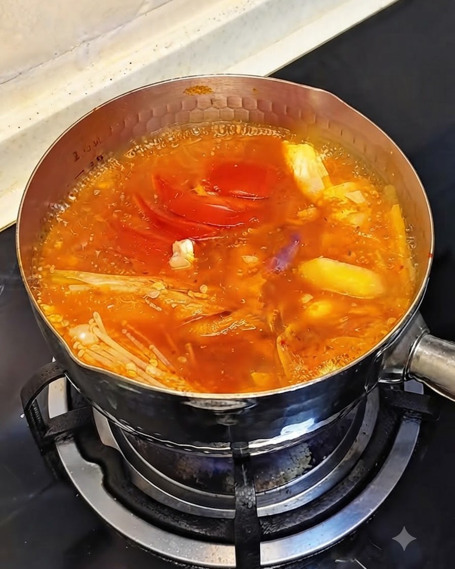 煮え立つ赤いスープの中で調理される殻付きの生エビ。