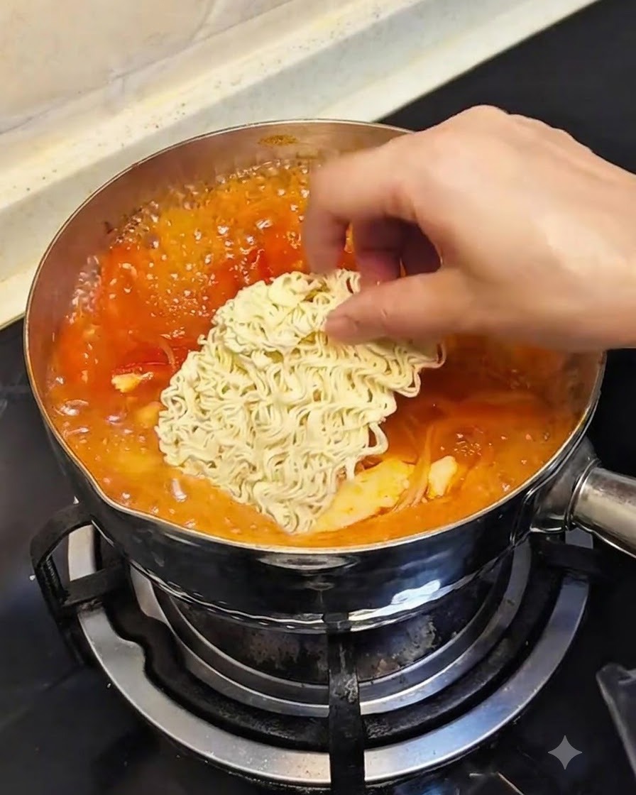 煮え立つ鍋の中央に、四角いインスタントラーメン（乾麺）を入れる様子。