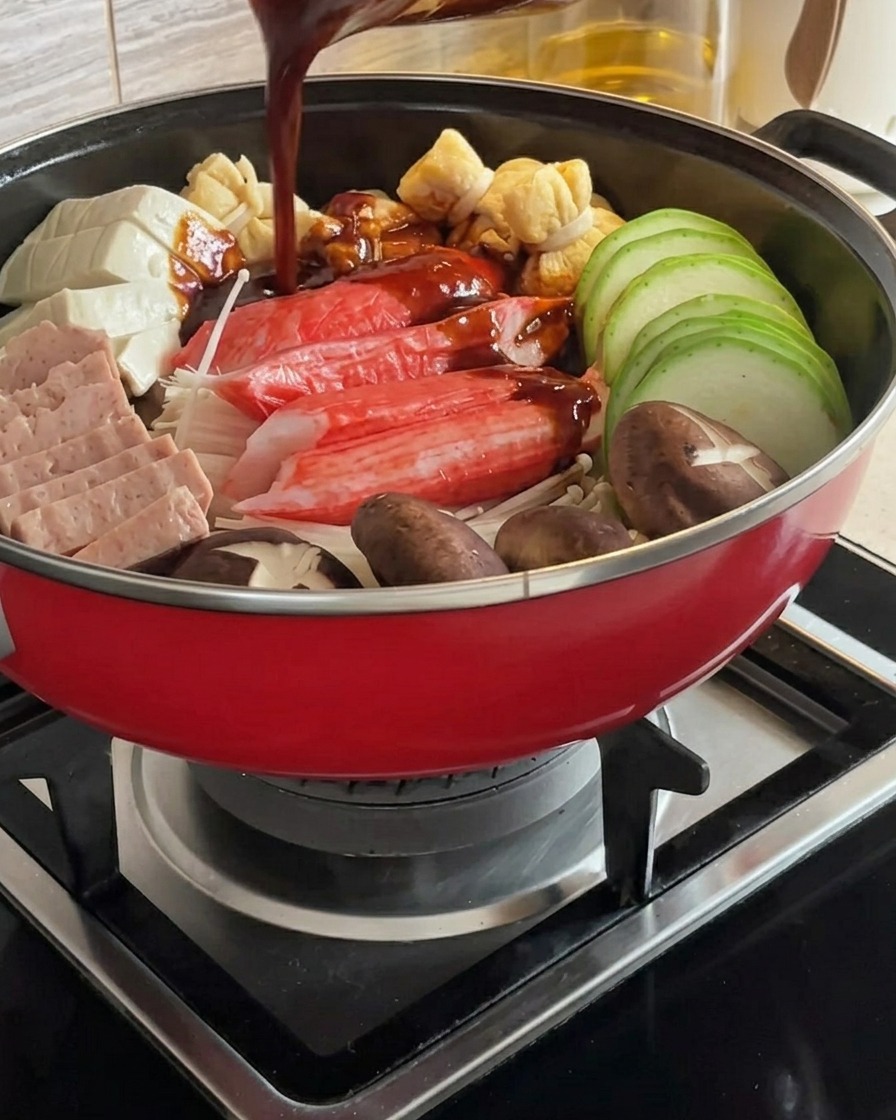 鍋に並べられた具材の上から、濃厚でスパイシーな赤いソースを注いでいる様子。