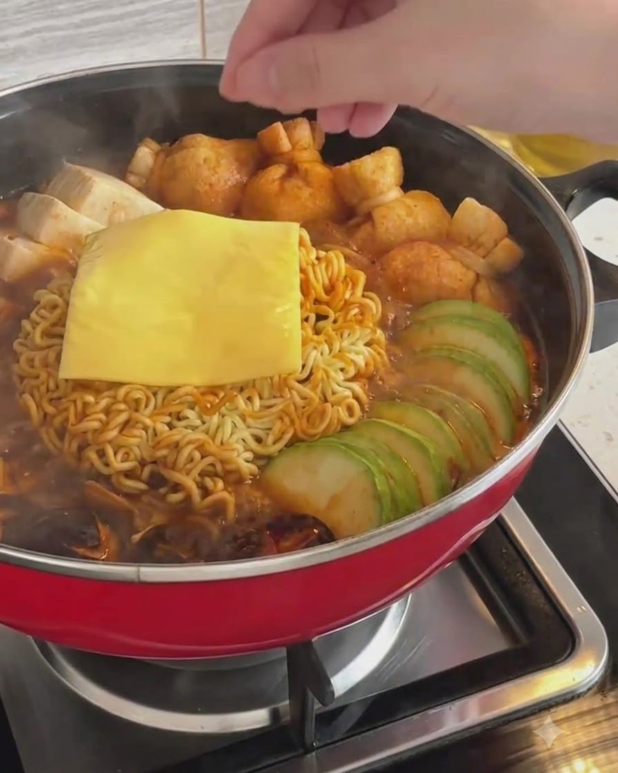 鍋の中のラーメンの麺や具材の上に、黄色いスライスチーズが乗っている様子。