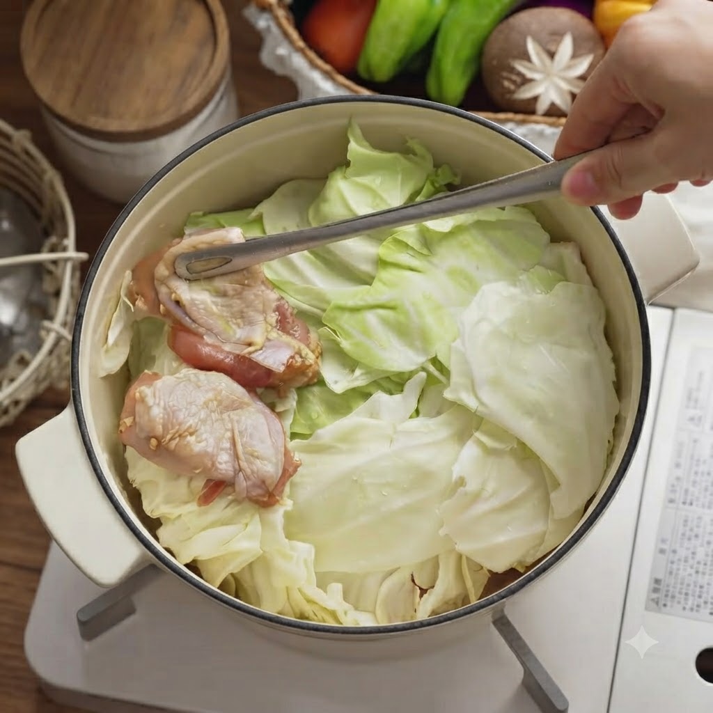 トングを使い、下味をつけた生鶏肉を鍋の中のキャベツの上に並べている様子。