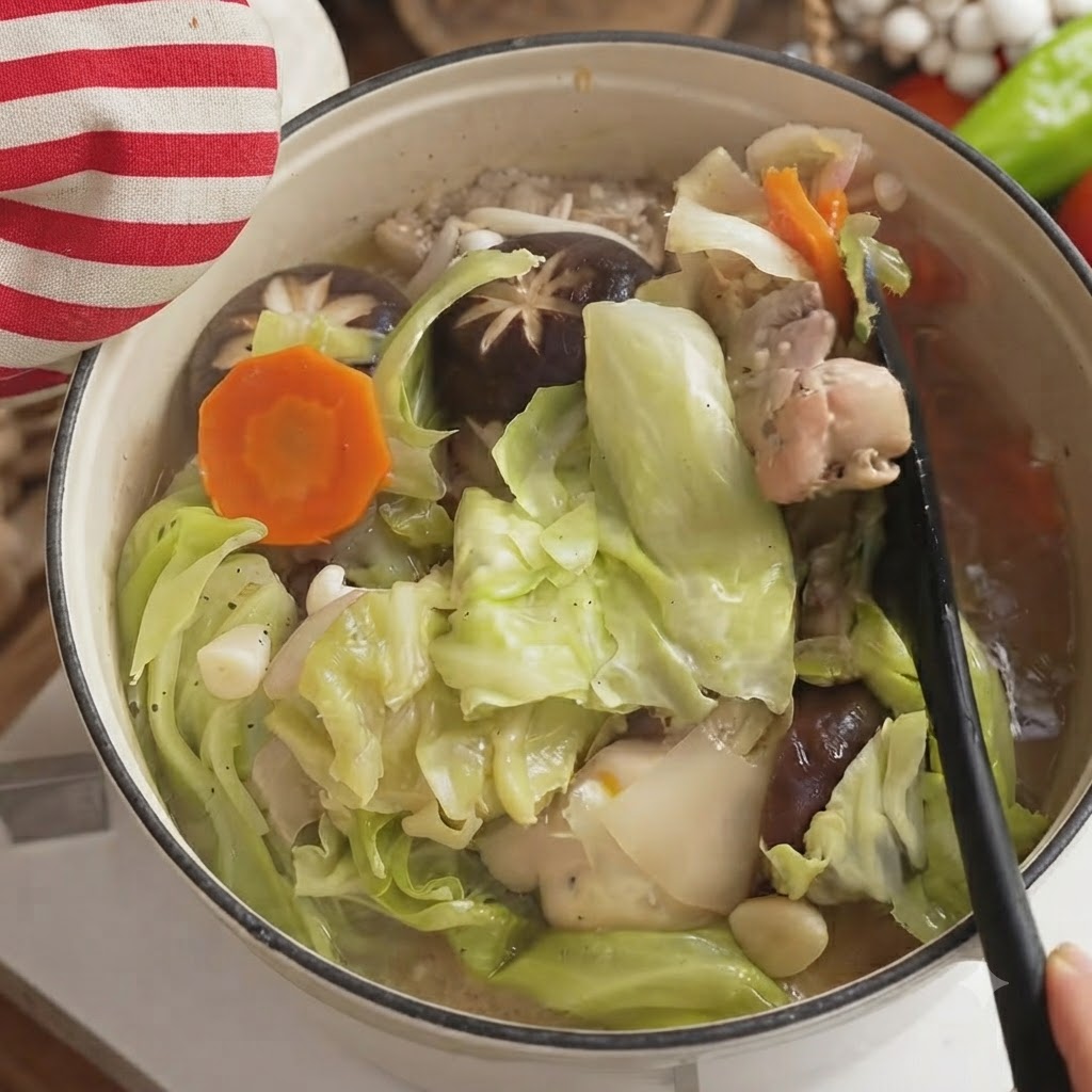 スープで満たされた鍋の中で、おたまを使って調理されたキャベツ、鶏肉、きのこを混ぜ合わせている様子。