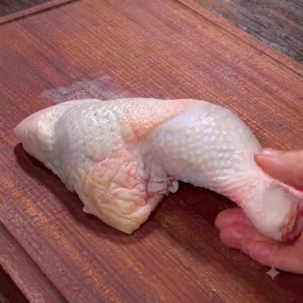 まな板の上で、キッチンバサミを使って生鶏もも肉から骨を外している手元