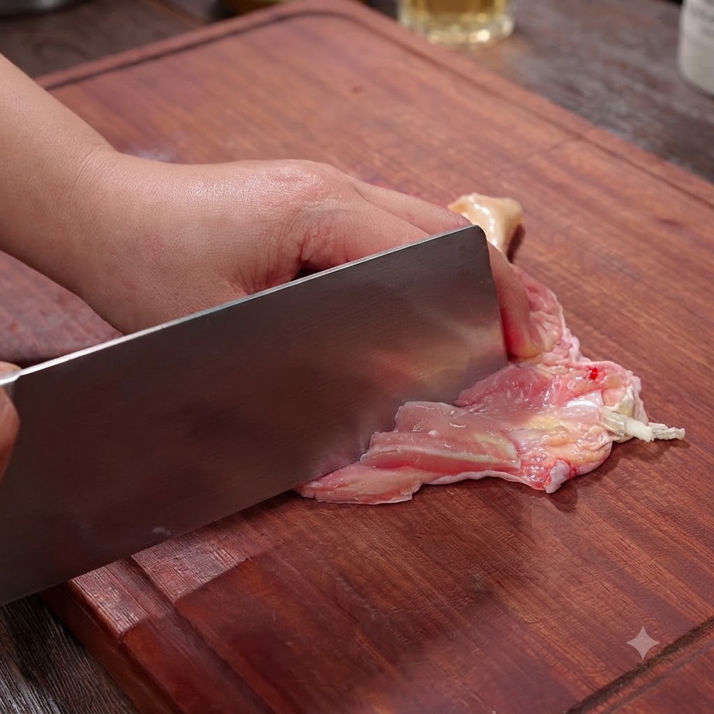 木のまな板の上で、骨を外した鶏もも肉の身の部分に包丁で浅い切り込みを入れている様子