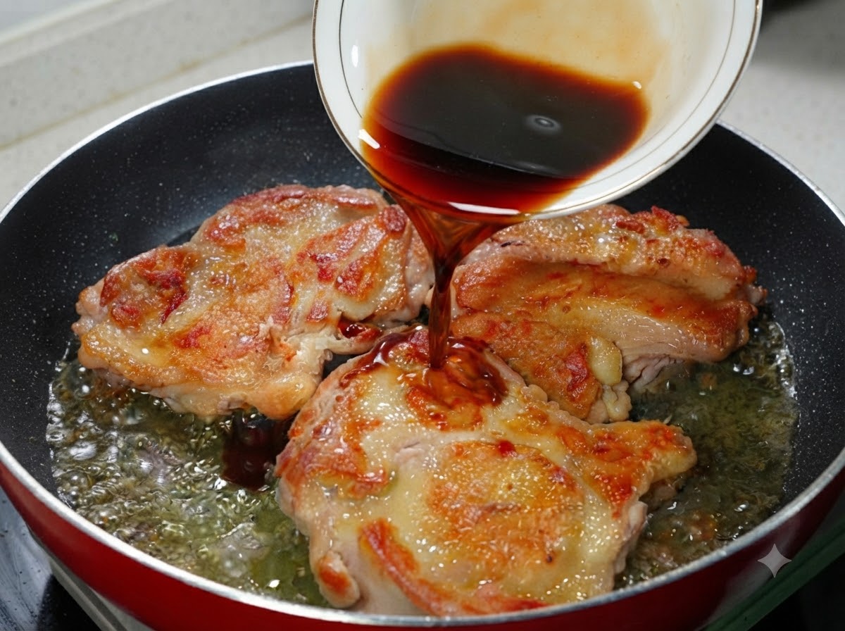こんがり焼けた鶏肉の上から、濃い色の照り焼きのタレを注いでいる様子