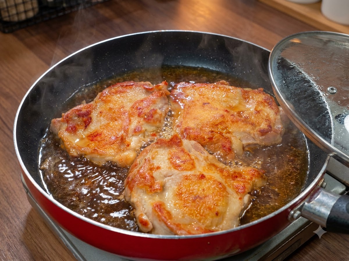 タレと一緒に煮込んでいる鶏肉のフライパンにガラスの蓋をしている様子