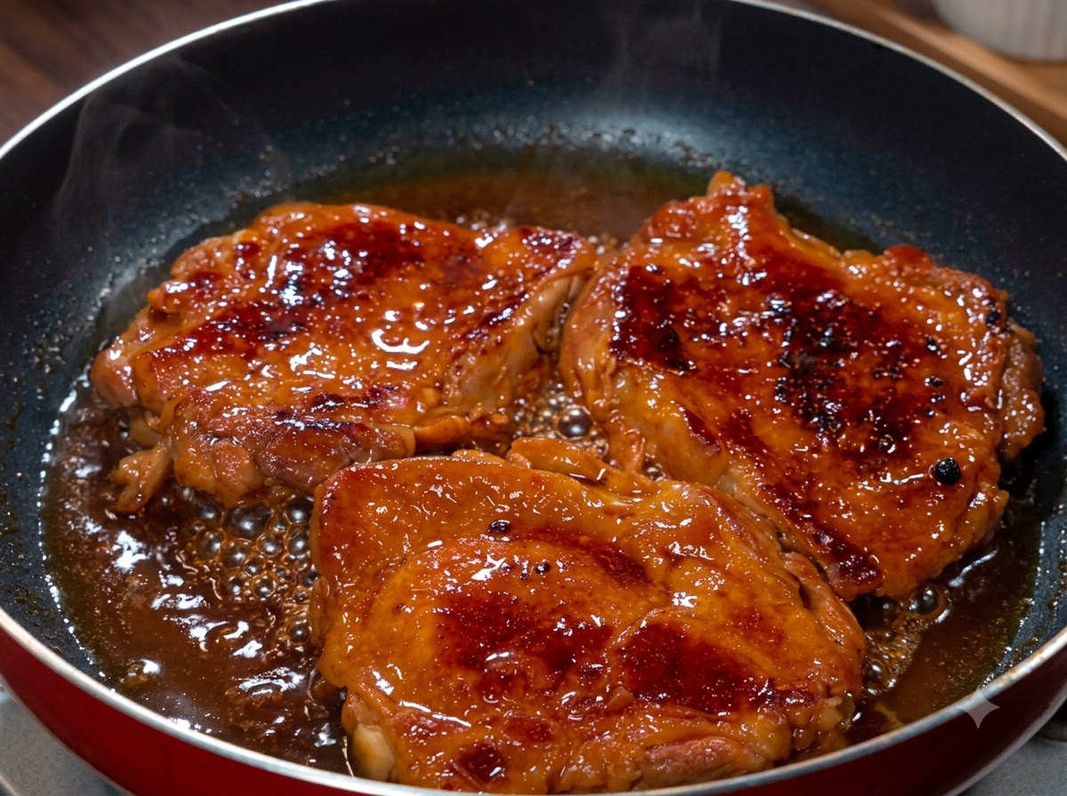 蓋を外したフライパンの中で、とろみのついたタレを鶏肉に絡めている様子