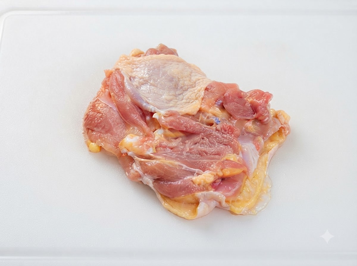 白いまな板の上に平らに置かれた、叩く前の骨なし鶏もも肉。
