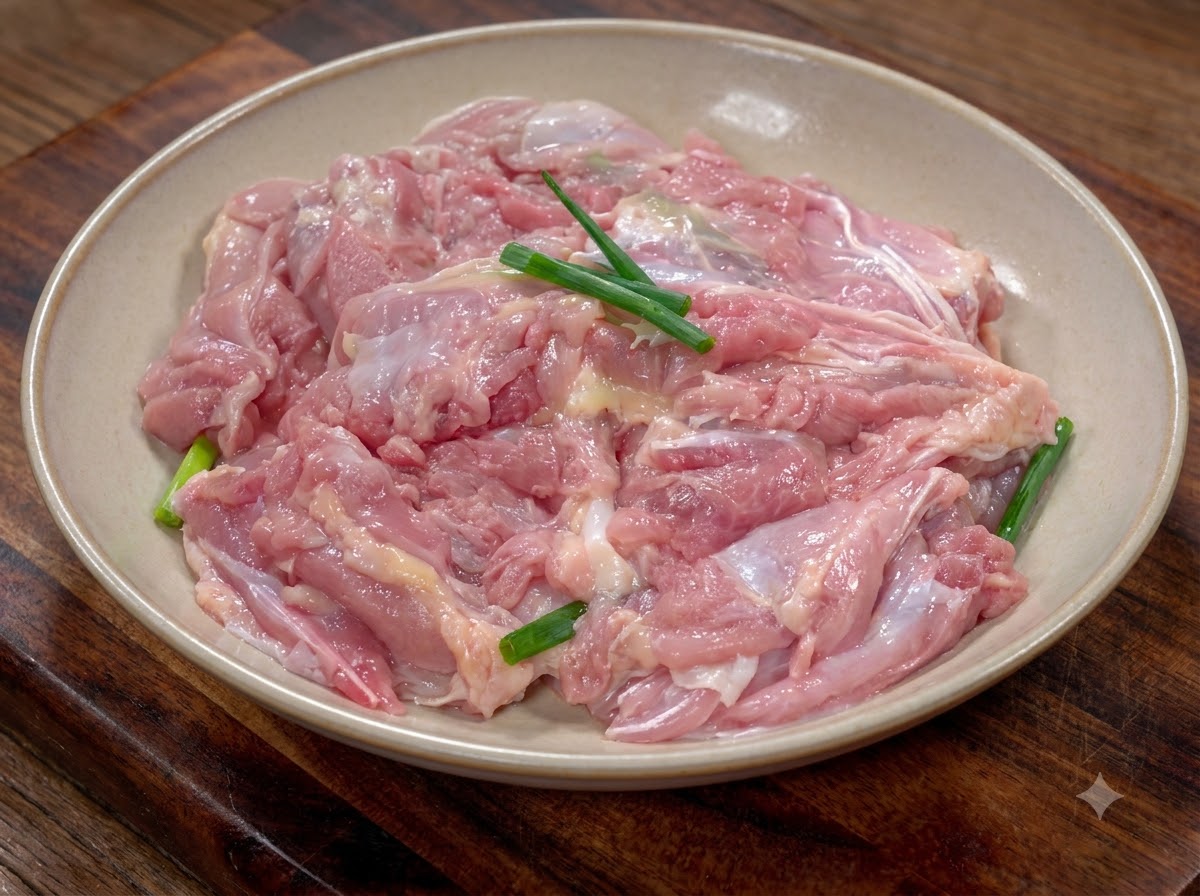 ベージュ色のボウルの中で、スライスしたネギと一緒に和えられた生鶏肉のアップ画像。