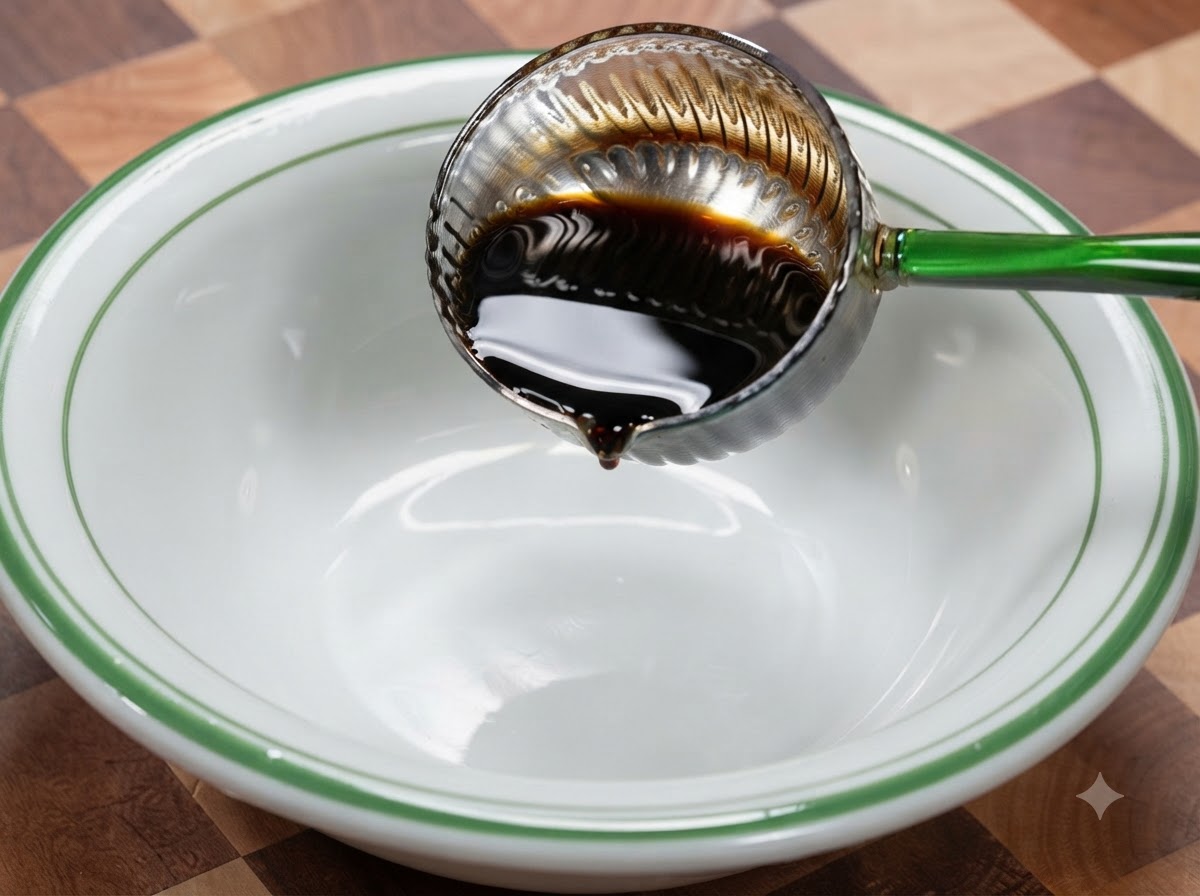 お玉から混ぜ合わせ用のボウルへ注がれる濃口醤油。