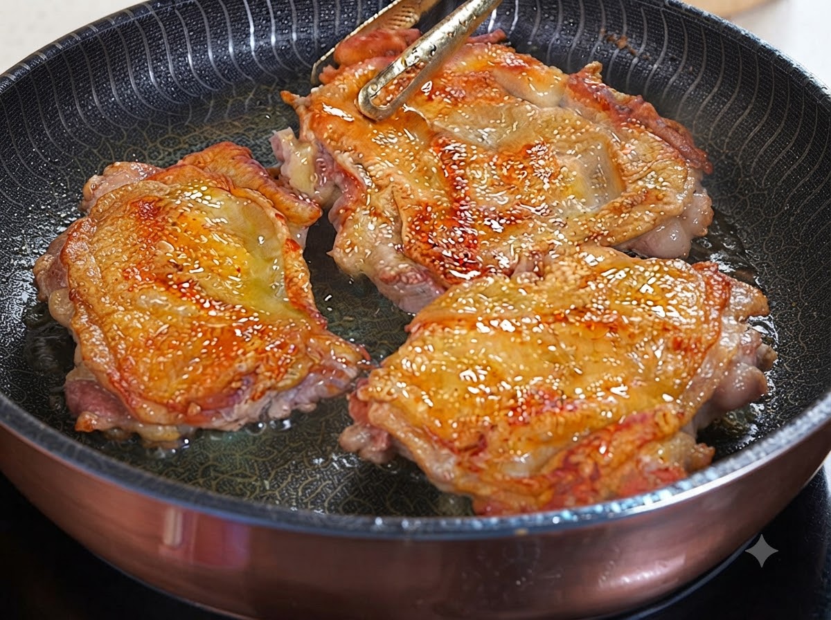 フライパンで香ばしく焼かれた3枚の鶏肉に照り焼きダレがかけられている様子。
