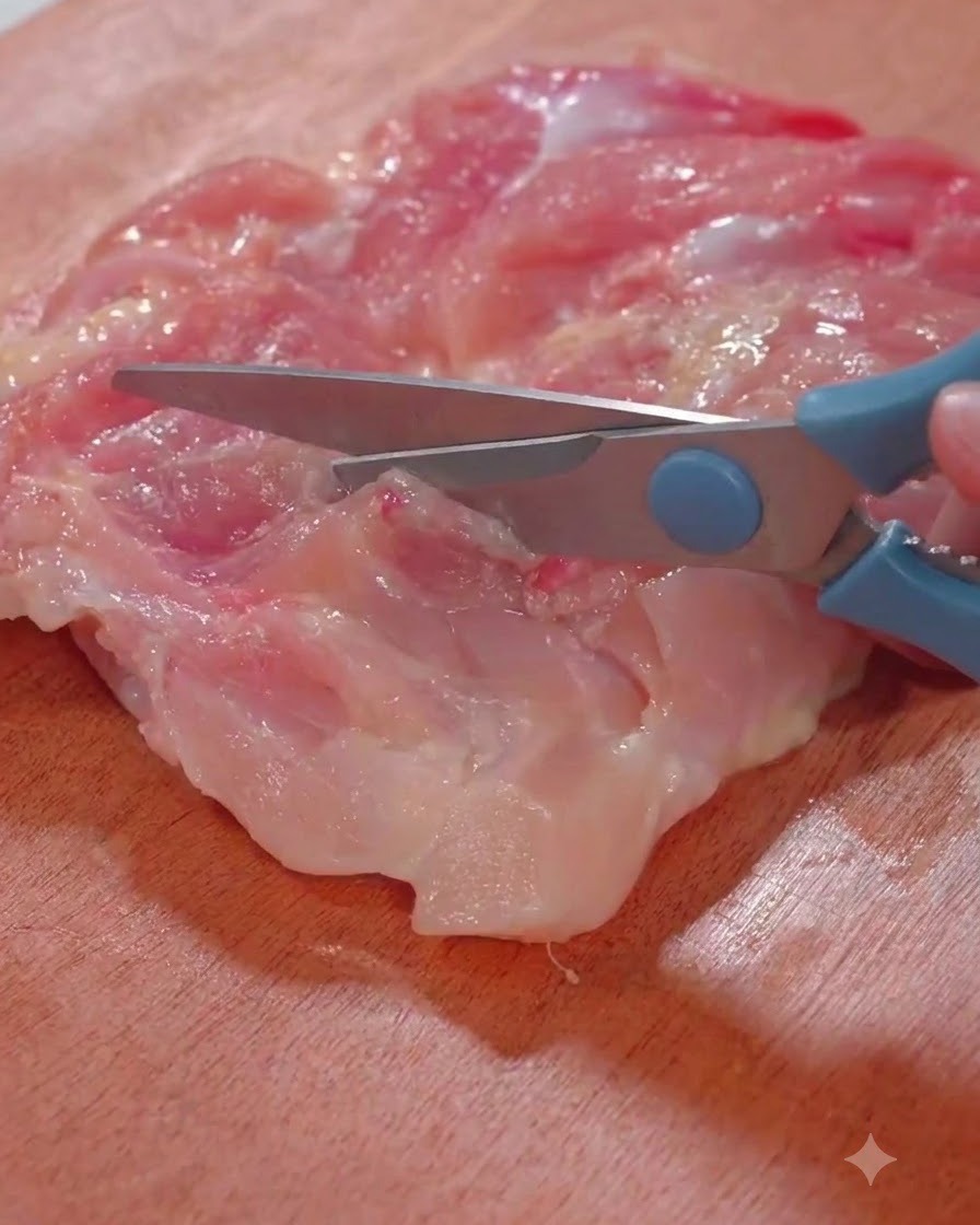 木製のまな板の上でキッチンバサミを使い、生の鶏もも肉を切っている様子。