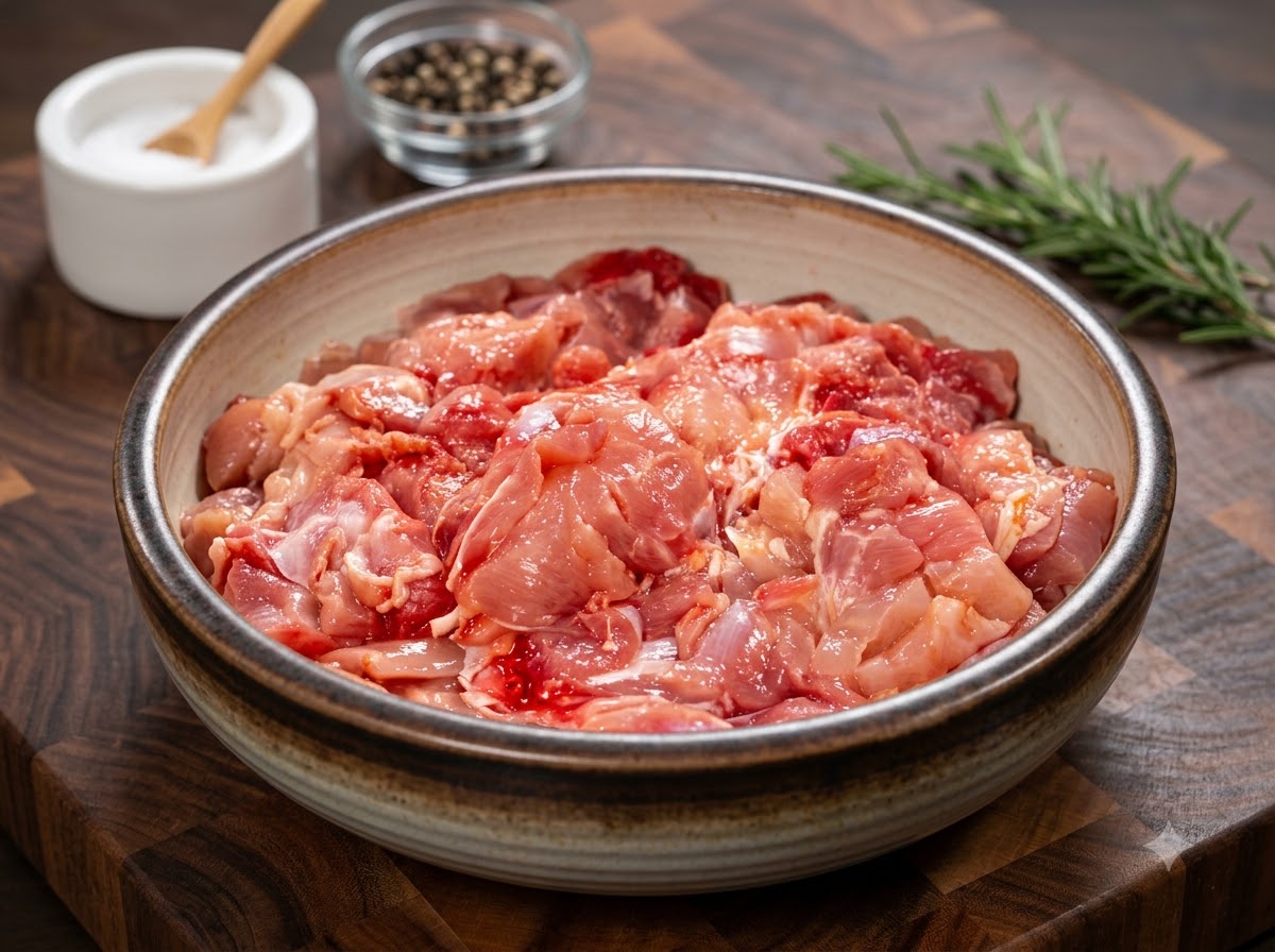 木製の台の上にある陶器のボウルの中で、生の鶏肉と刻み玉ねぎ、にんにくが混ざっている様子。