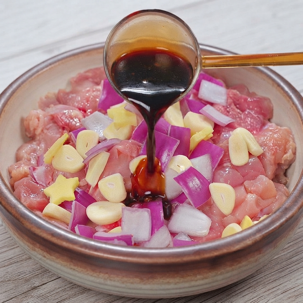 ボウルに入った生鶏肉と香味野菜の上から、お玉で濃口醤油を注いでいる様子。