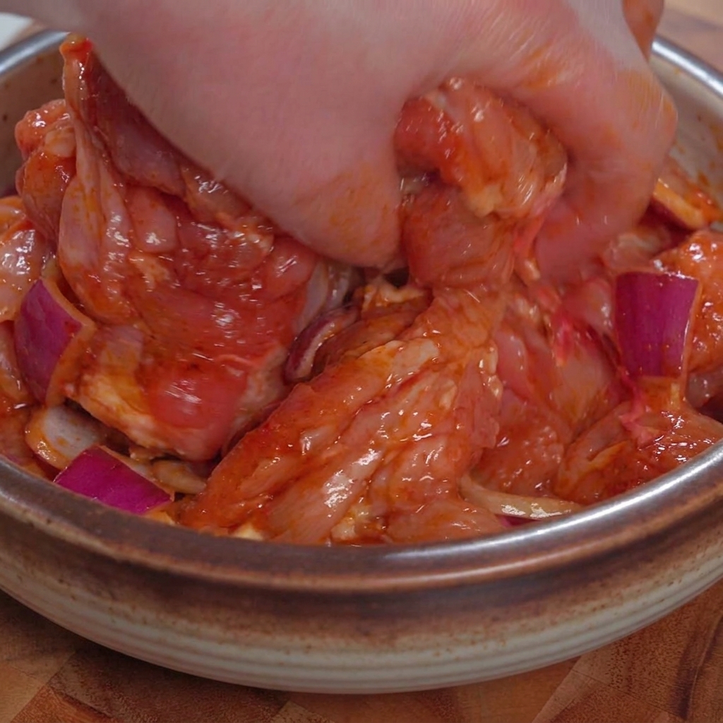 ボウルの中で手を使って生鶏肉と照り焼きのタレをしっかりと混ぜ合わせている様子。