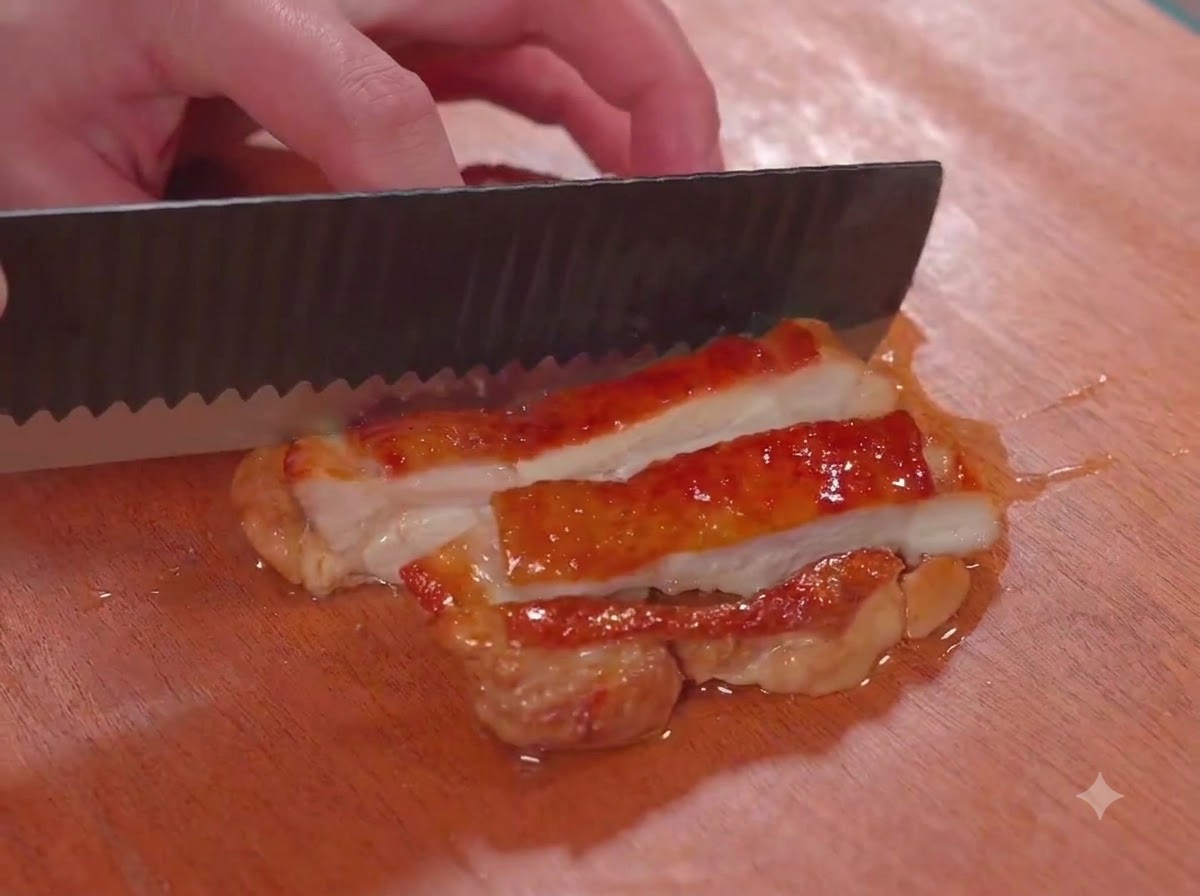 木製のまな板の上で、照り焼きにした鶏もも肉を包丁でスライスしている様子。