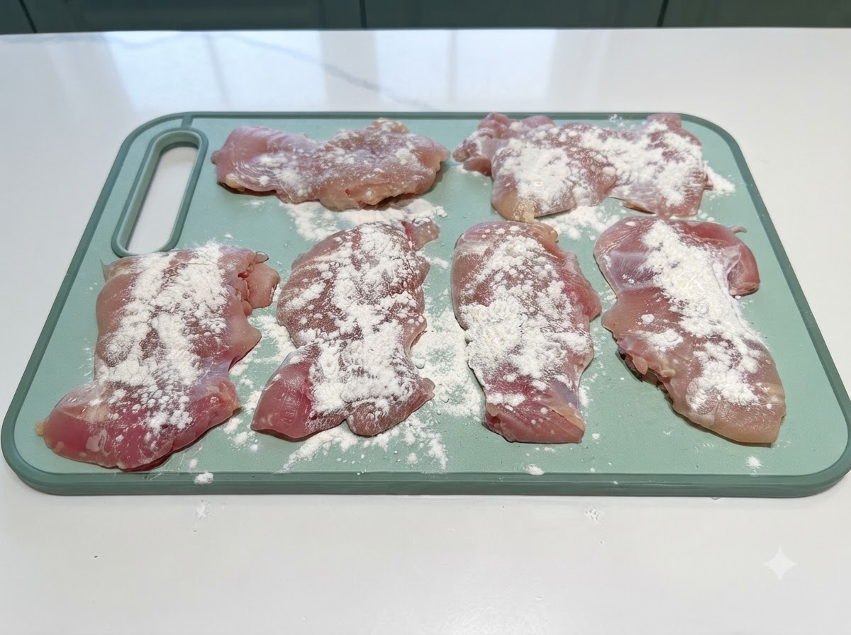 緑色のまな板の上に並べられた生チキンもも肉に、小麦粉が薄くまぶされている様子。