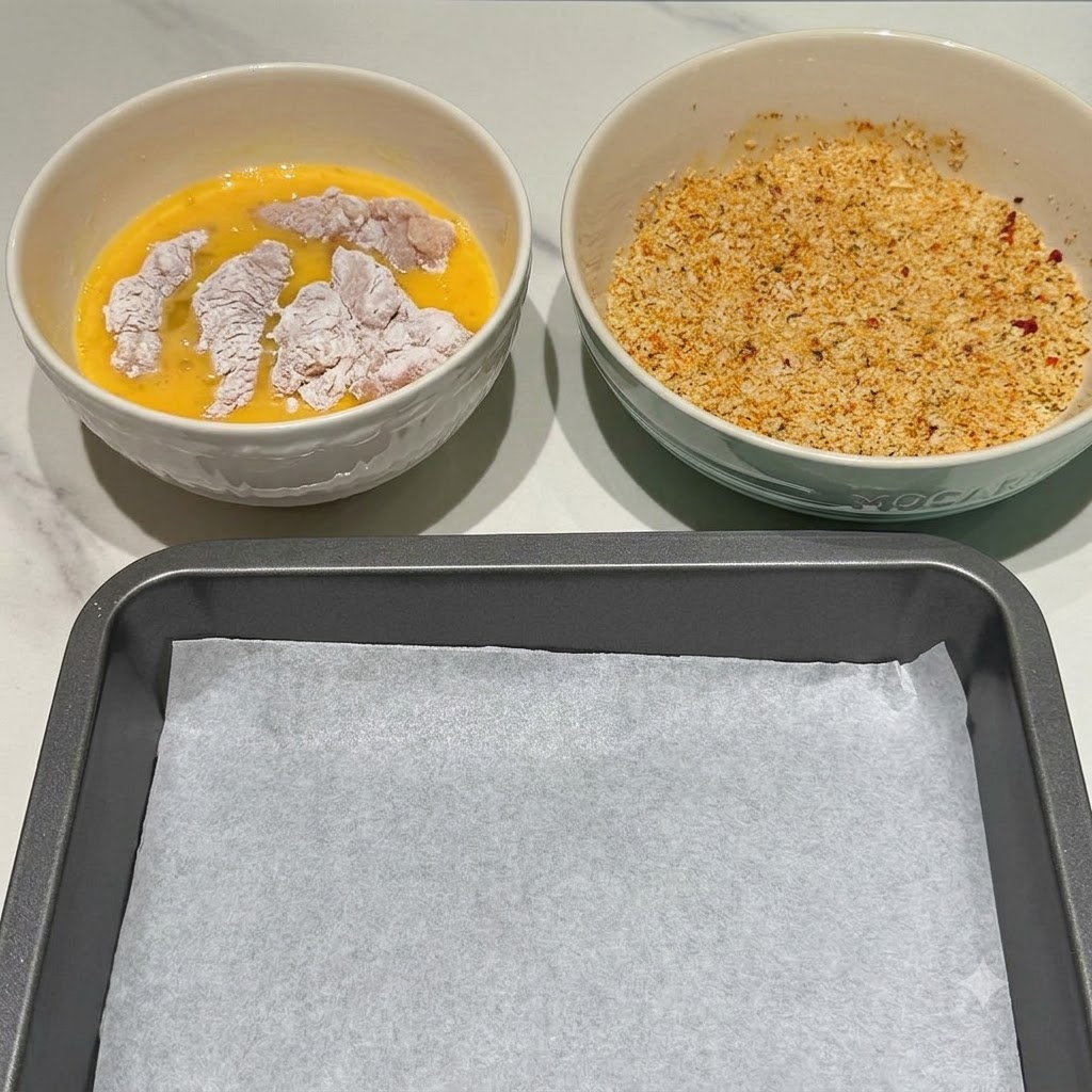 溶き卵の入ったボウルと鶏肉、その隣に味付けされたパン粉のボウルと空の天板が並んでいる様子。