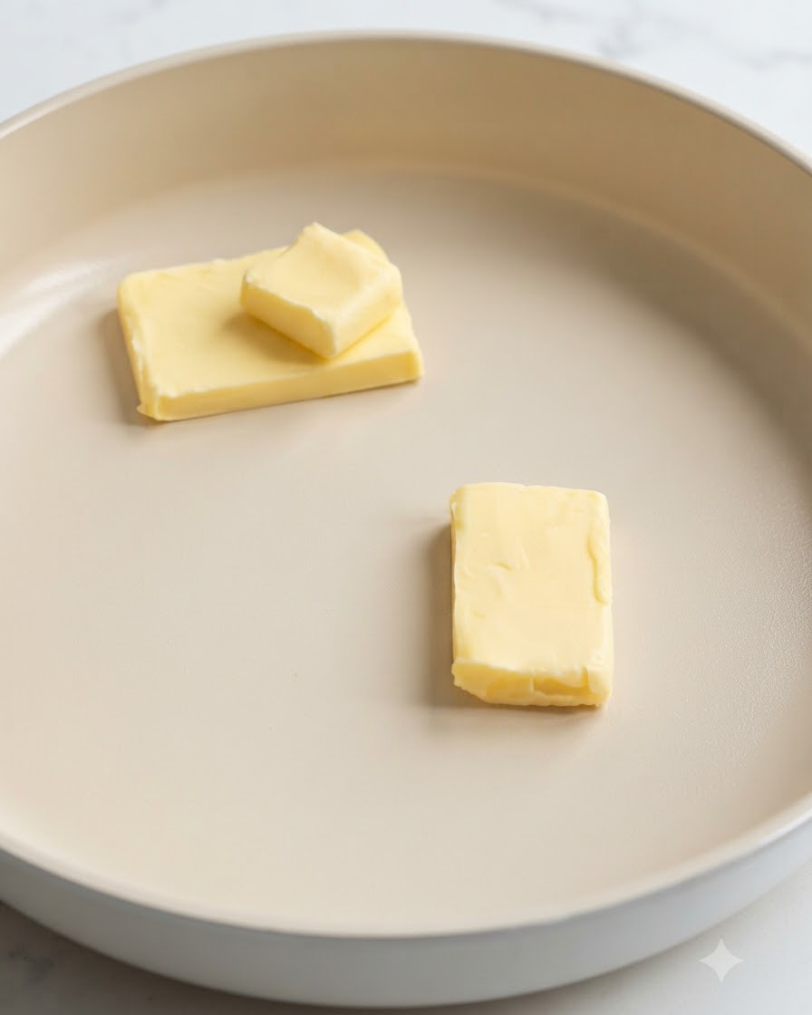 ベージュ色のセラミック製フライパンの中で溶けていくスライス状のバター。