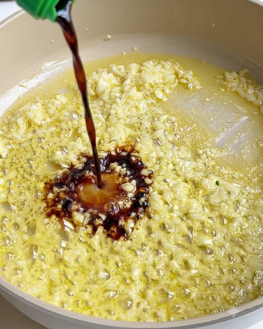 ガーリックとバターが泡立つフライパンの中に、ボトルから濃い色のソースが注がれている様子。