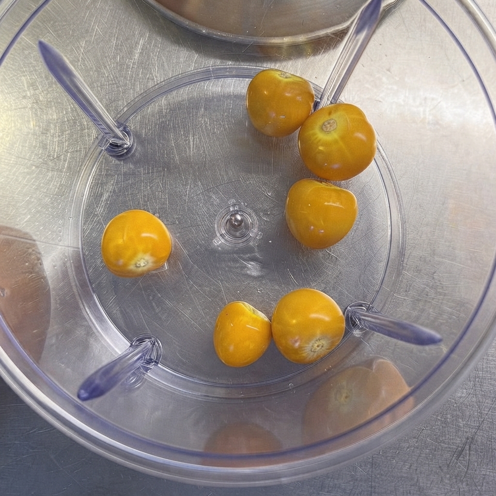透明なプラスチック製ブレンダーの底に散らばった、いくつかの黄色いケープグースベリー。