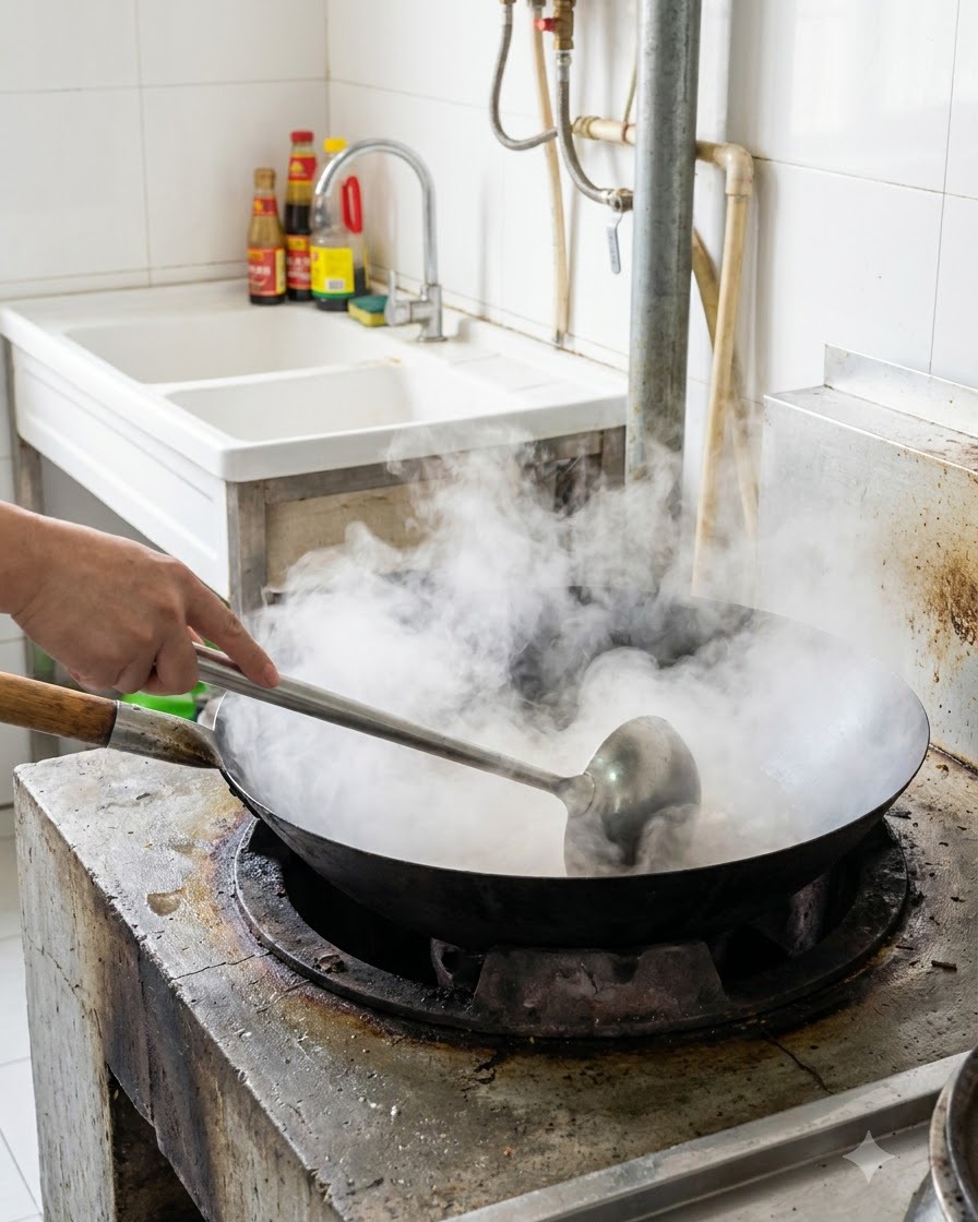 たっぷりの湯が沸騰し、湯気が立ち上る中華鍋の中に調理用おたまが置かれている様子。