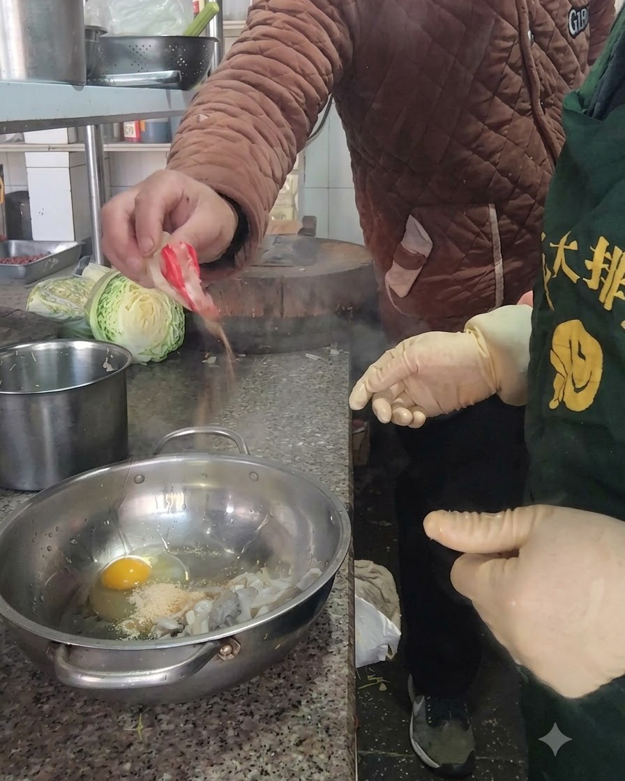 卵とひらたけが入ったボウルに向けて、手で赤みがかった特製パウダーを振り入れている様子。