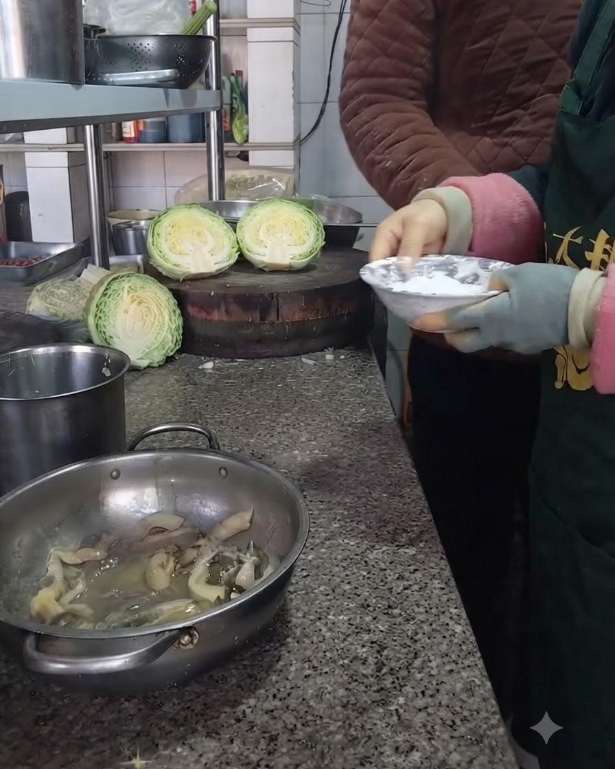 下味をつけたひらたけのボウルに、小さな器から小麦粉を少しずつ加えている様子。