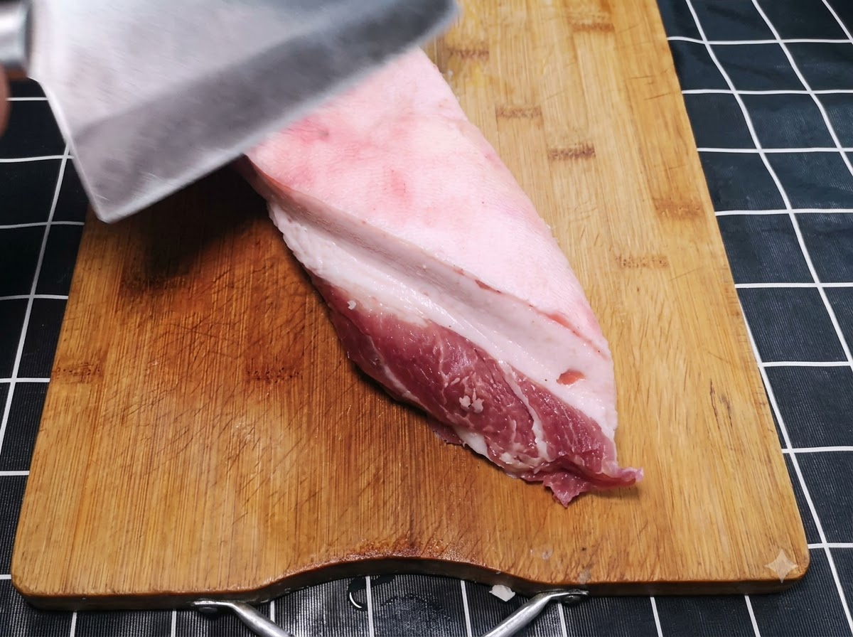木製のまな板の上に置かれた厚切りの生の豚肉から、大きな包丁で外側の脂の層を慎重に切り落としている様子。