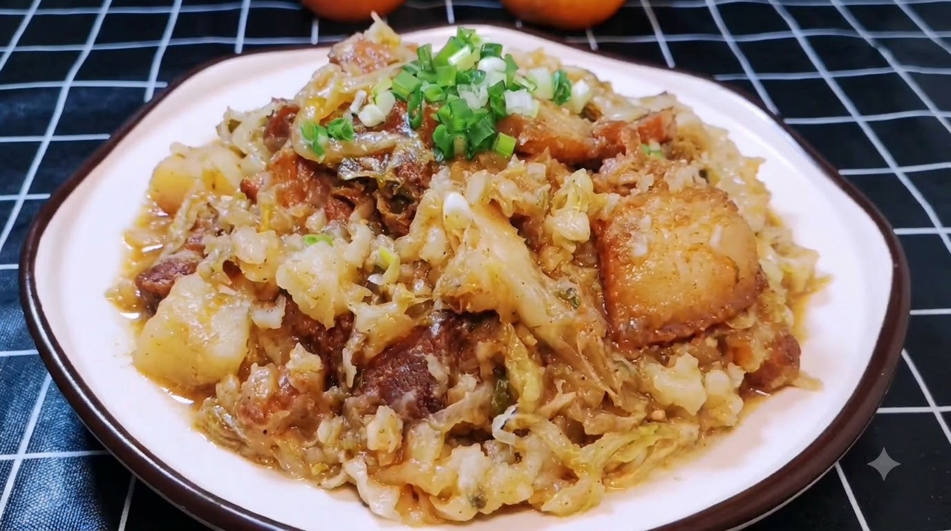刻みネギを散らした陝西風豚肉と高菜の煮込みの一皿