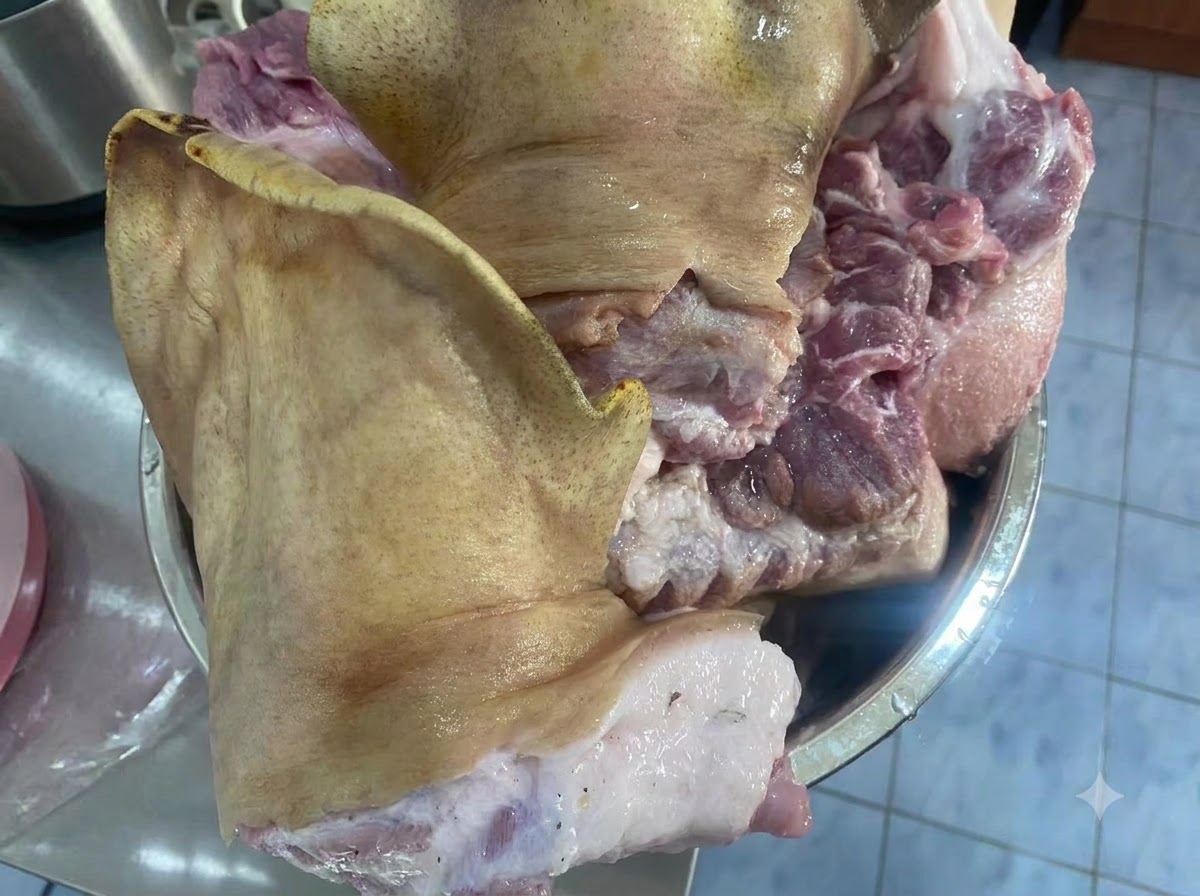 カウンタートップの金属製ボウルの中に入った、大きくカットされた生の豚の顔肉。