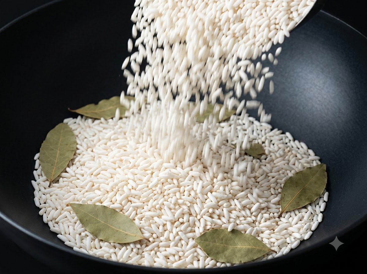 炒った米粒が、さらに米とスパイスが入った中華鍋へと注ぎ下ろされている様子。