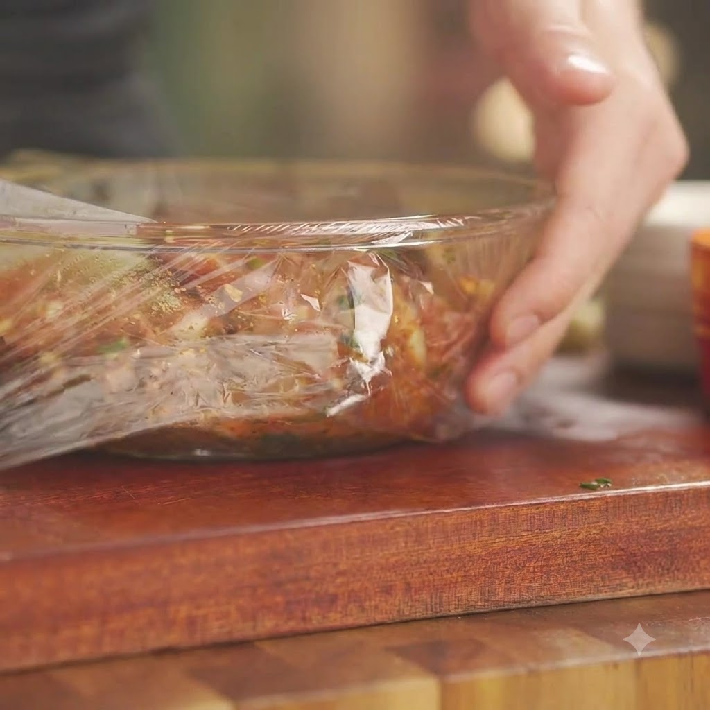 味付けされた豚スペアリブが入ったガラスボウルに、透明なプラスチックラップをしっかりと密着させている様子。