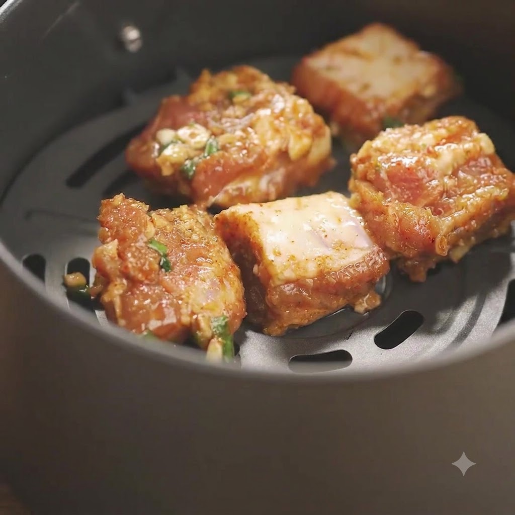 オイルを吹きかける準備として、エアフライヤーのバスケット内に味付けされた豚スペアリブが並べられている様子。