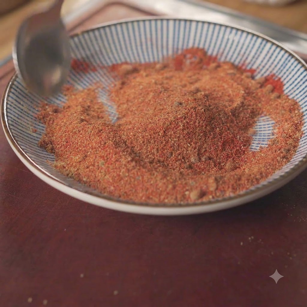 赤や茶色のスパイスの混合物が入ったボウルがスプーンでかき混ぜられている様子
