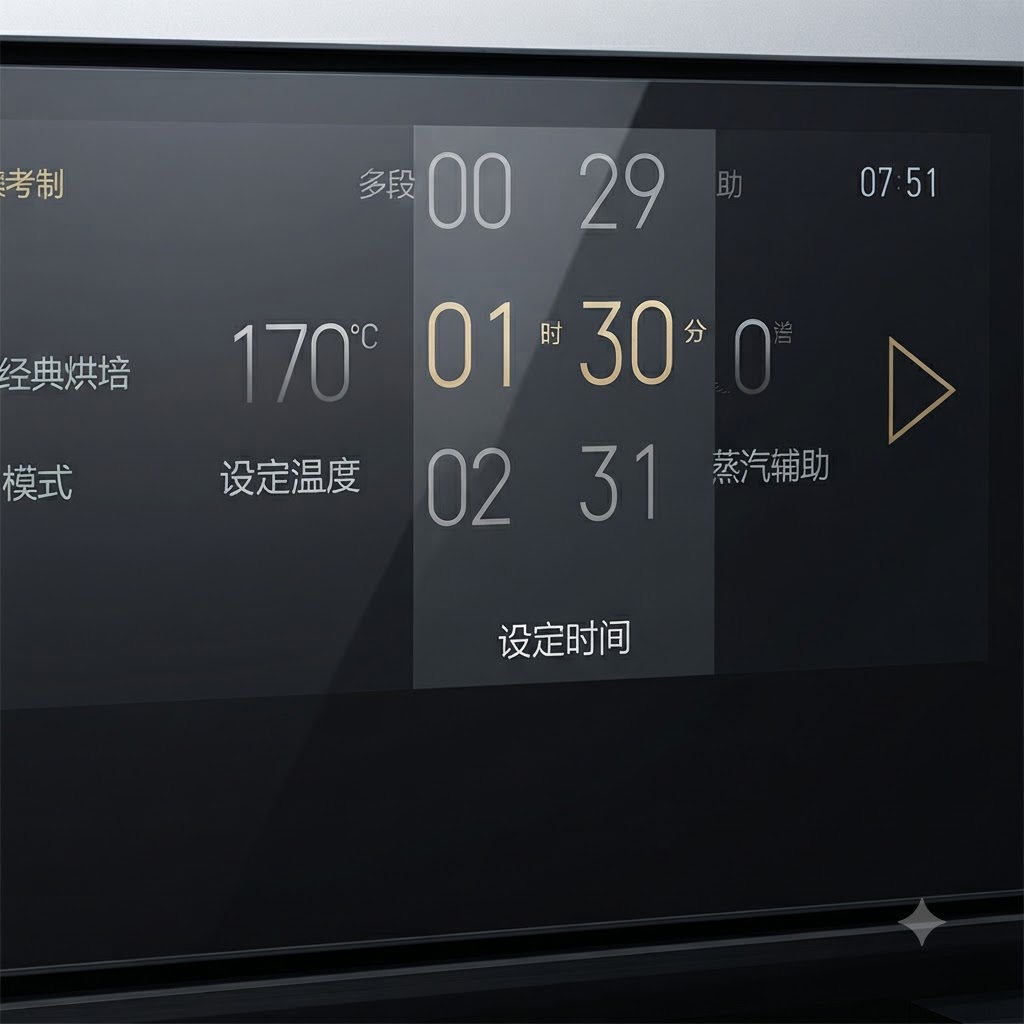 温度設定170度、時間1時間30分が表示されているオーブンのコントロールパネル